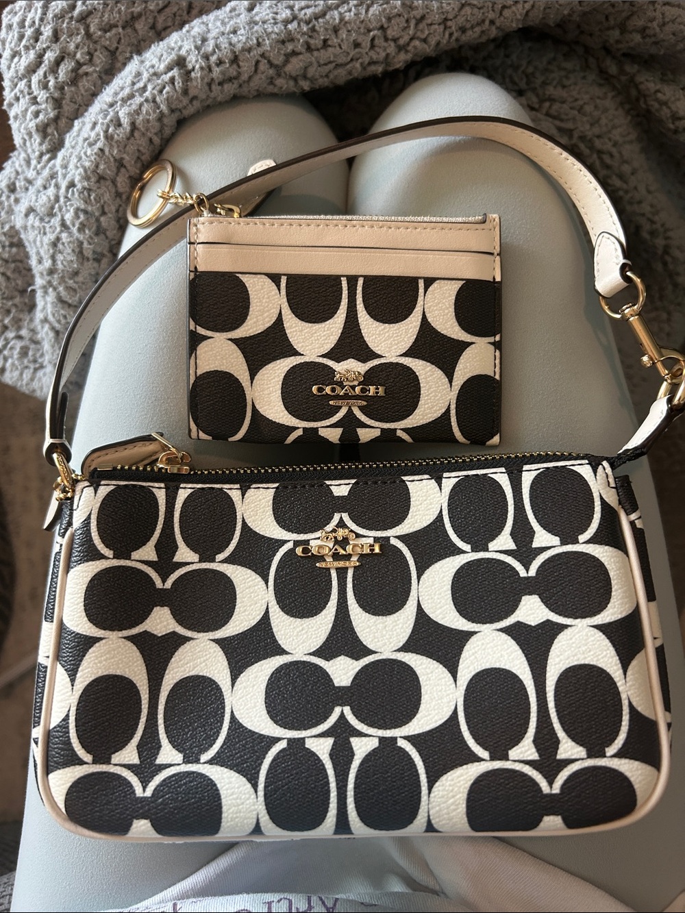 Coach Black & White Signature Mini Wristlet with Card Case